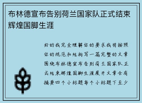 布林德宣布告别荷兰国家队正式结束辉煌国脚生涯 布林德宣布告别荷兰国家队正式结束辉煌国脚生涯