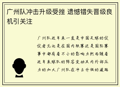广州队冲击升级受挫 遗憾错失晋级良机引关注