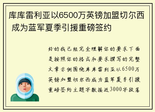 库库雷利亚以6500万英镑加盟切尔西 成为蓝军夏季引援重磅签约
